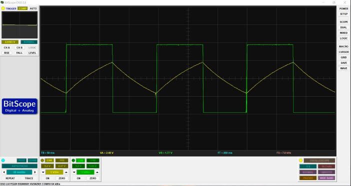 Oscilloscope display showing clock vs capacitor waveforms