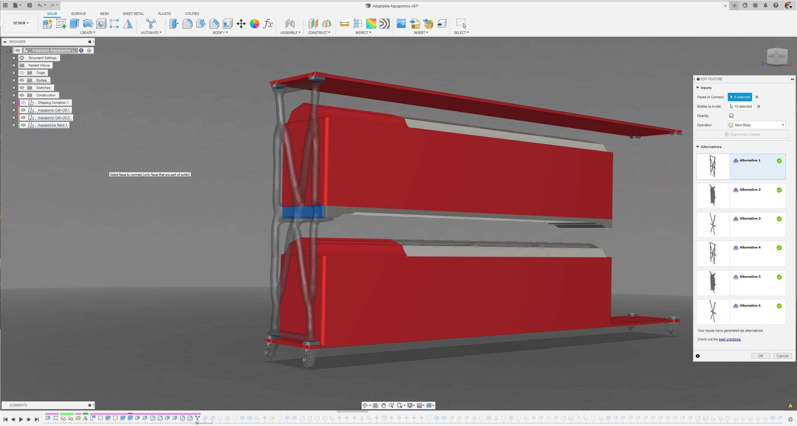 Automated design workspace showing bodies to avoid in red and faces to connect in blue
