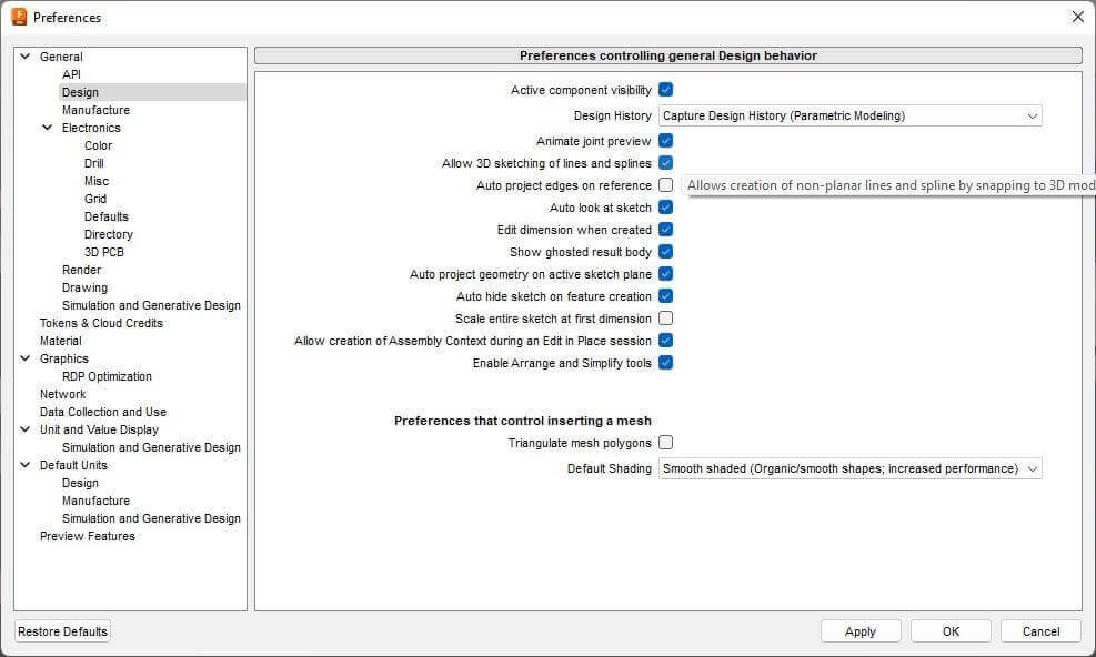 Fusion 360 preferences menu showing 3D sketching option