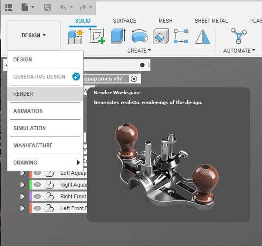 Fusion 360 render workspace toolbar