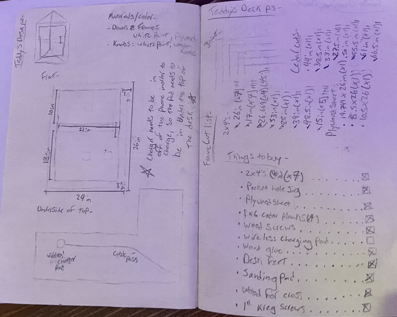 Initial design sketches and measurements for corner desk