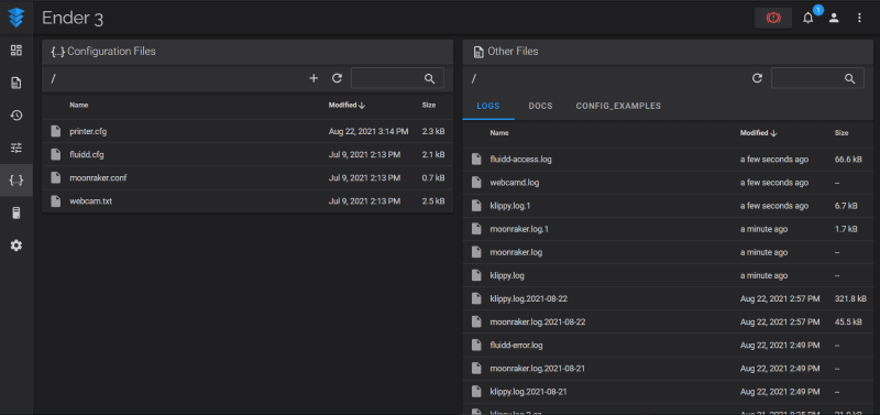 FluiddPi configuration menu for printer.cfg file