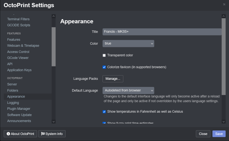 Octoprint appearance settings menu