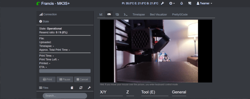 Octoprint webcam feed showing side view of print