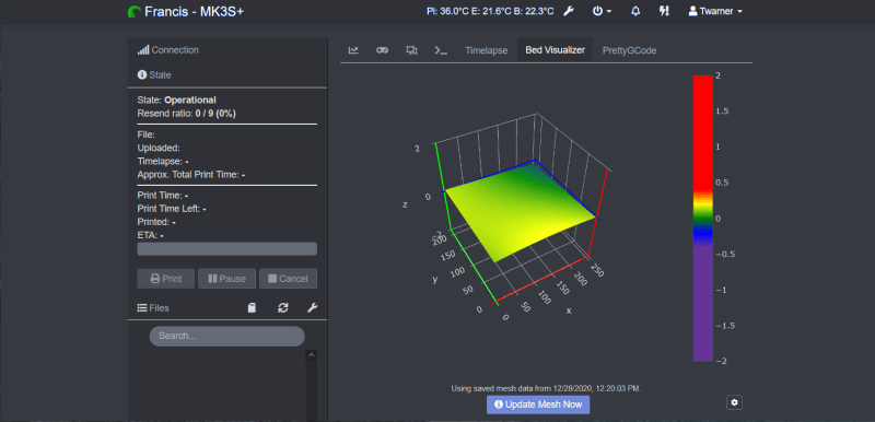 Bed visualizer showing mesh leveling data in 3D