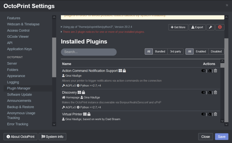 Plugin manager showing installed plugins