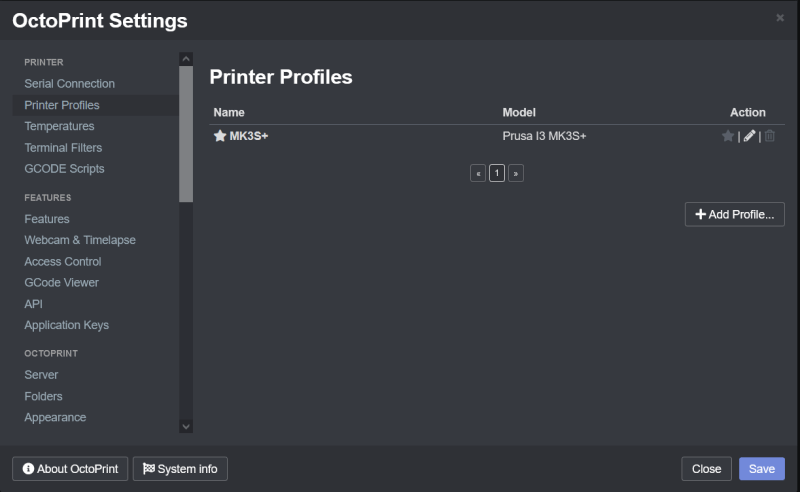 Printer profiles configuration menu