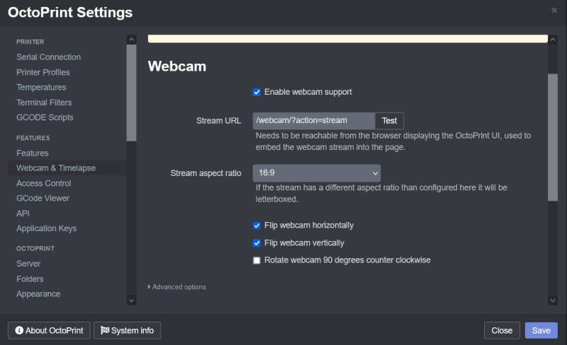 Webcam and timelapse settings configuration