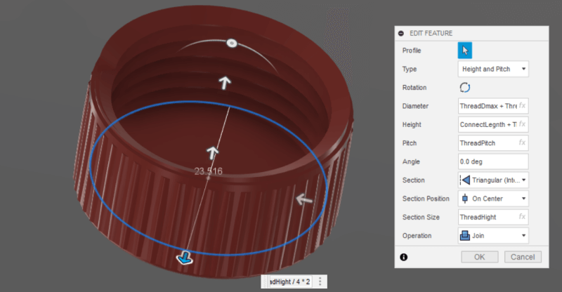 Fusion 360 coil tool settings for thread generation