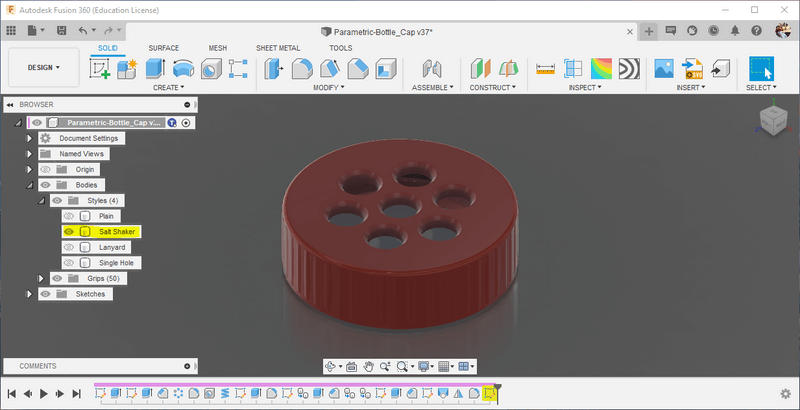 Salt shaker cap style selection in Fusion 360