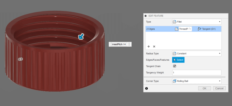 Fusion 360 fillet tool settings for thread contour