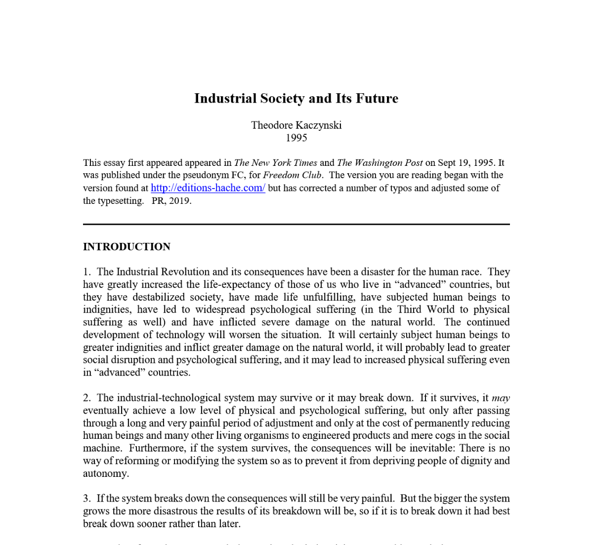 Industrial Society and Its Future